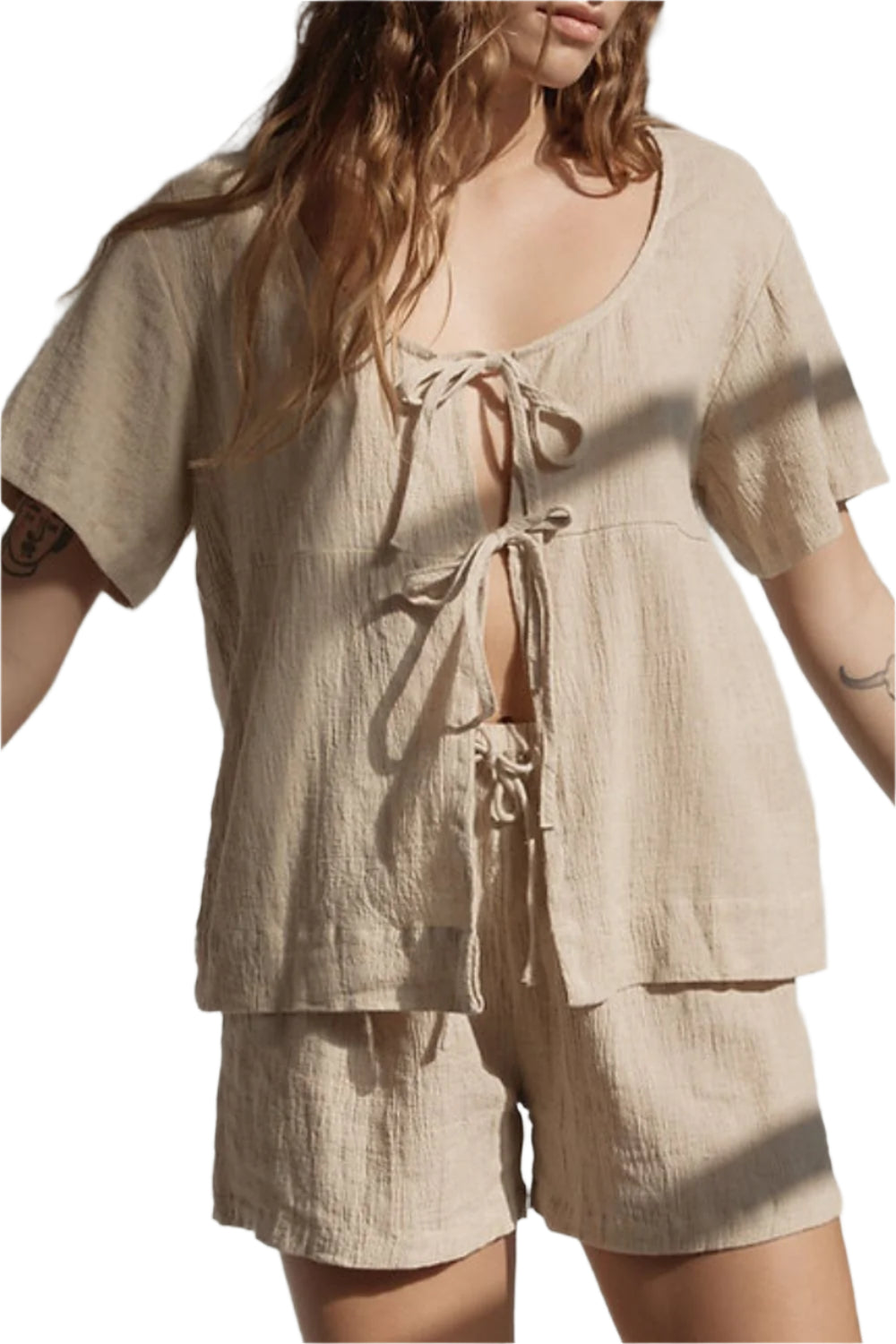 Plaid Tied Scoop Neck Short Sleeve Top and Drawstring Shorts Set