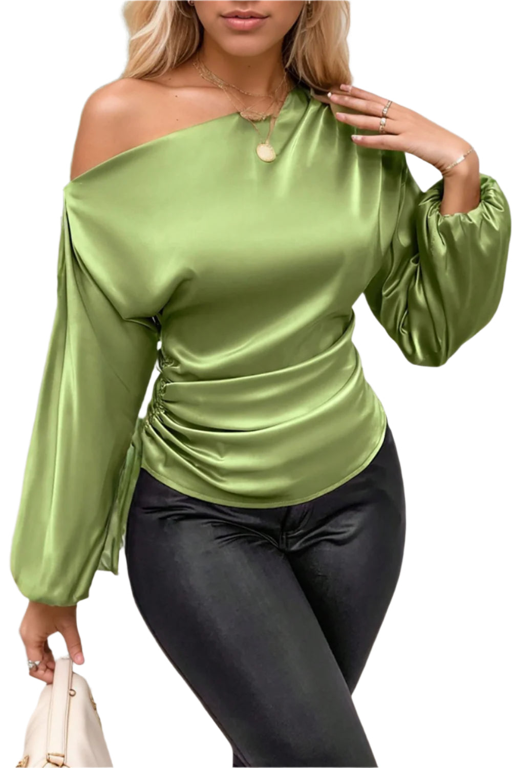 Drawstring One Shoulder Long Sleeve Blouse
