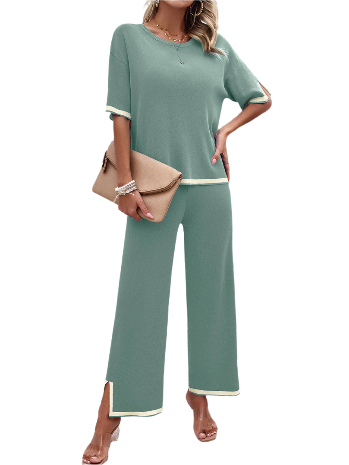 Devine Contrast Trim Round Neck Top and Pants Set