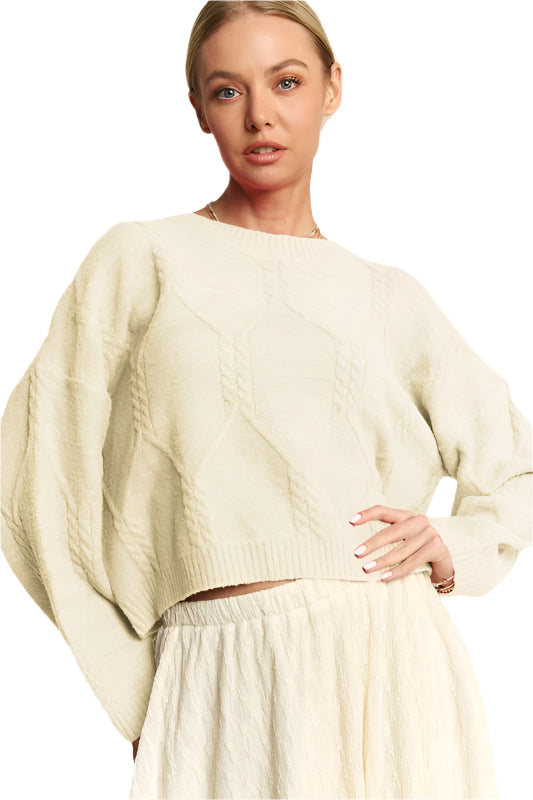 Davi & Dani Diamond Cable Pattern Drop Shoulder Sweater