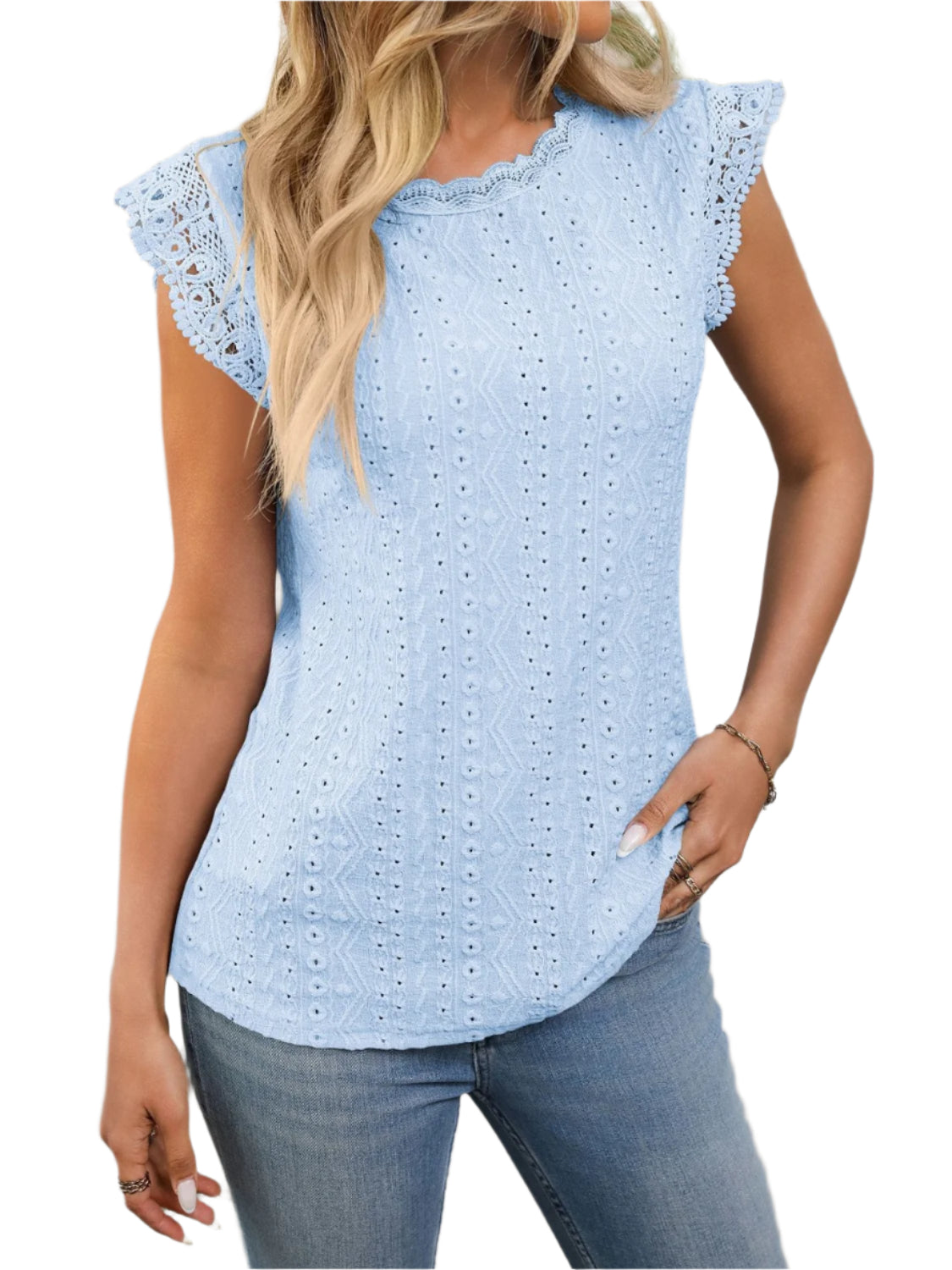 Lace Detail Round Neck Cap Sleeve Top