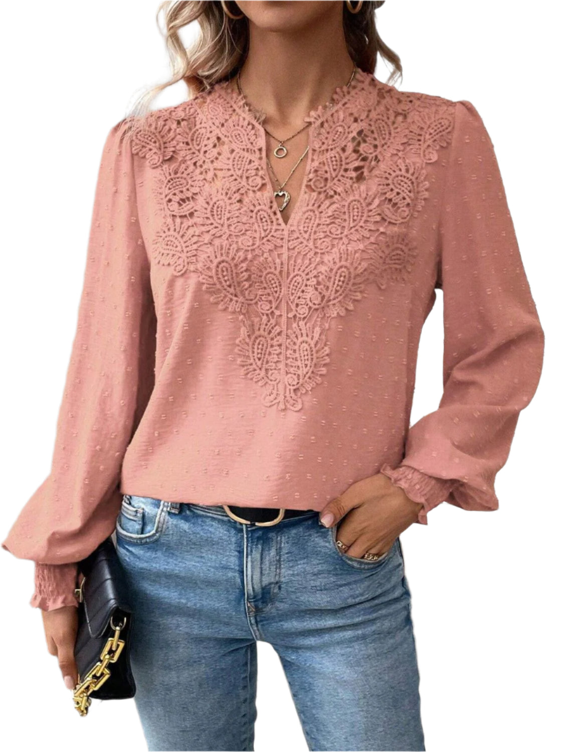Swiss Dot Lace Detail Notched Long Sleeve Blouse