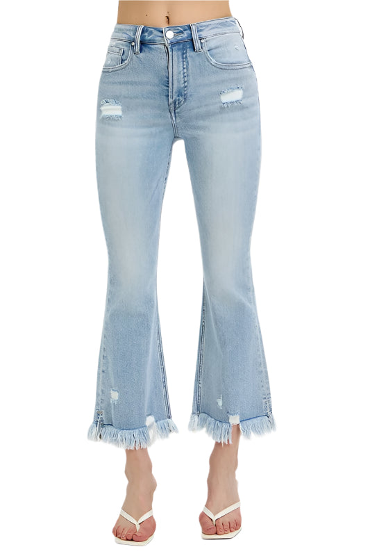 RISEN Full Size Raw Hem Distressed Cropped Flare Jeans Plus Size