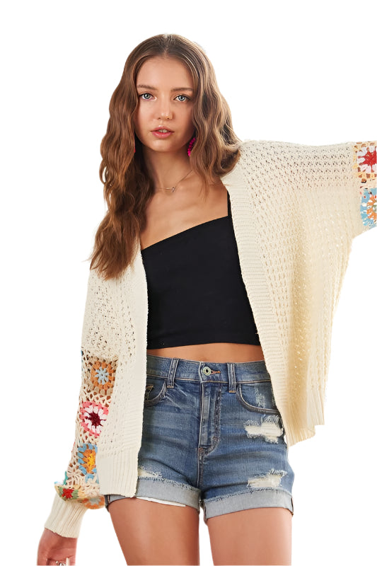 ADORA Plus Size Contrast Crochet Open Front Long Sleeve Cardigan