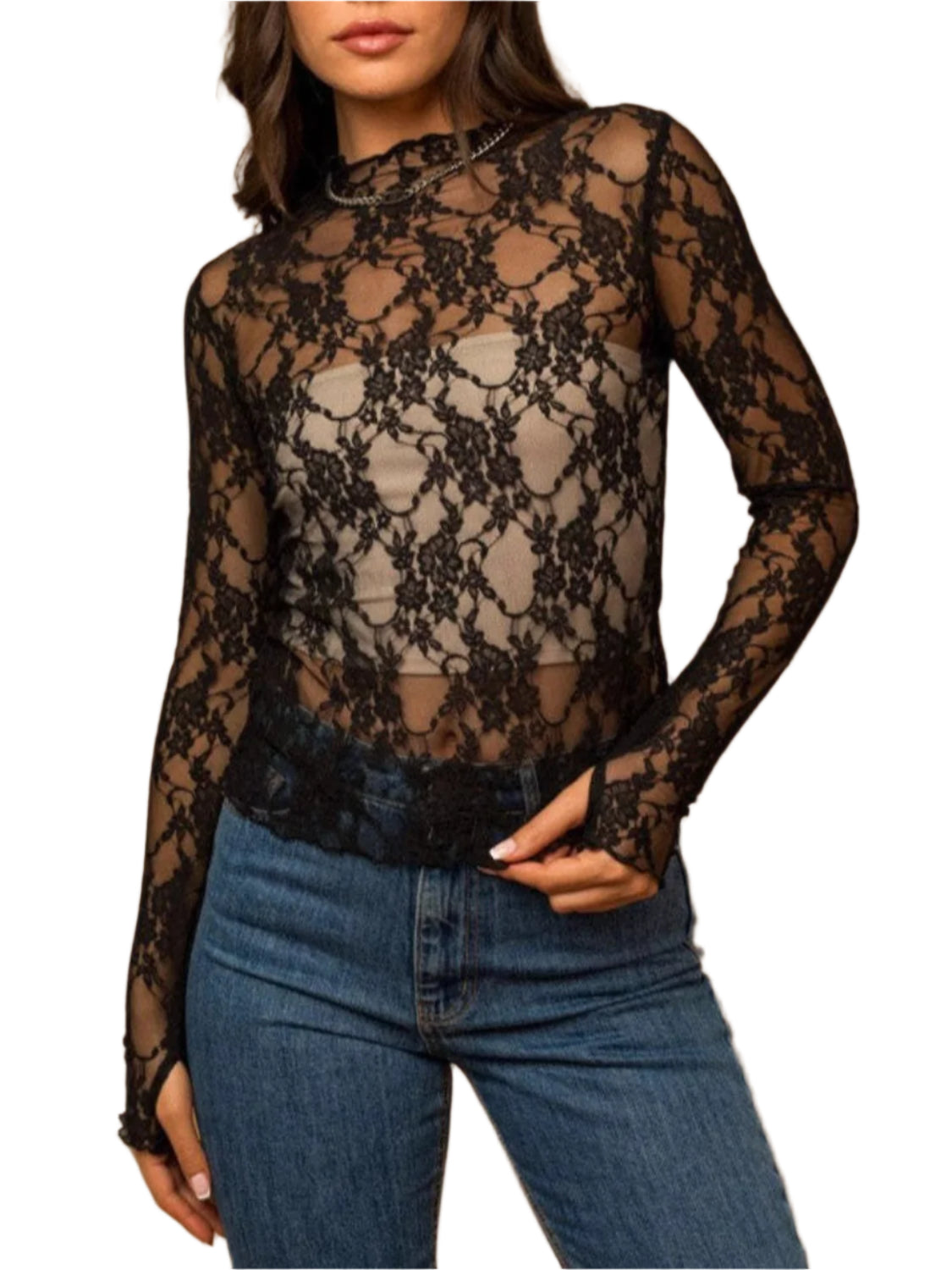 Lace Mock Neck Long Sleeve Top
