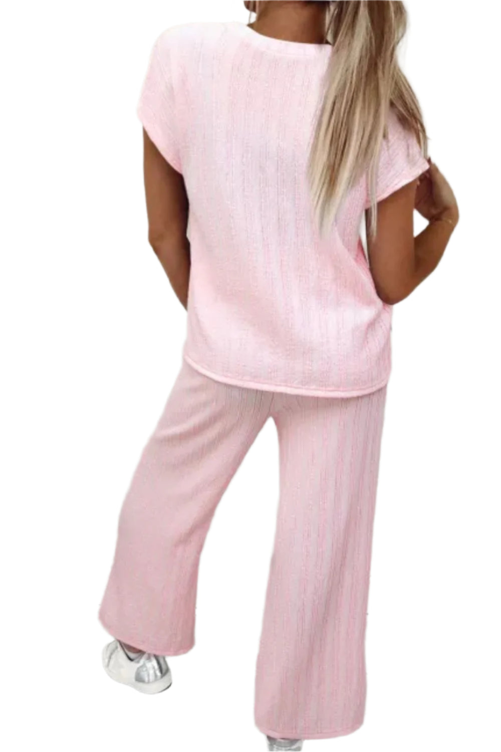 Textured Short Sleeve Top and Pocketed Wide Leg Pants