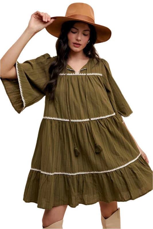 Annie Wear Tassel Contrast Trim Tie Neck Half Sleeve Tiered Dress