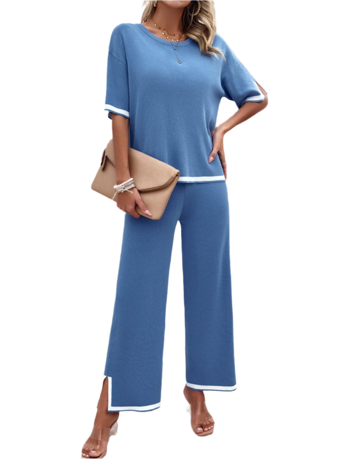 Devine Contrast Trim Round Neck Top and Pants Set